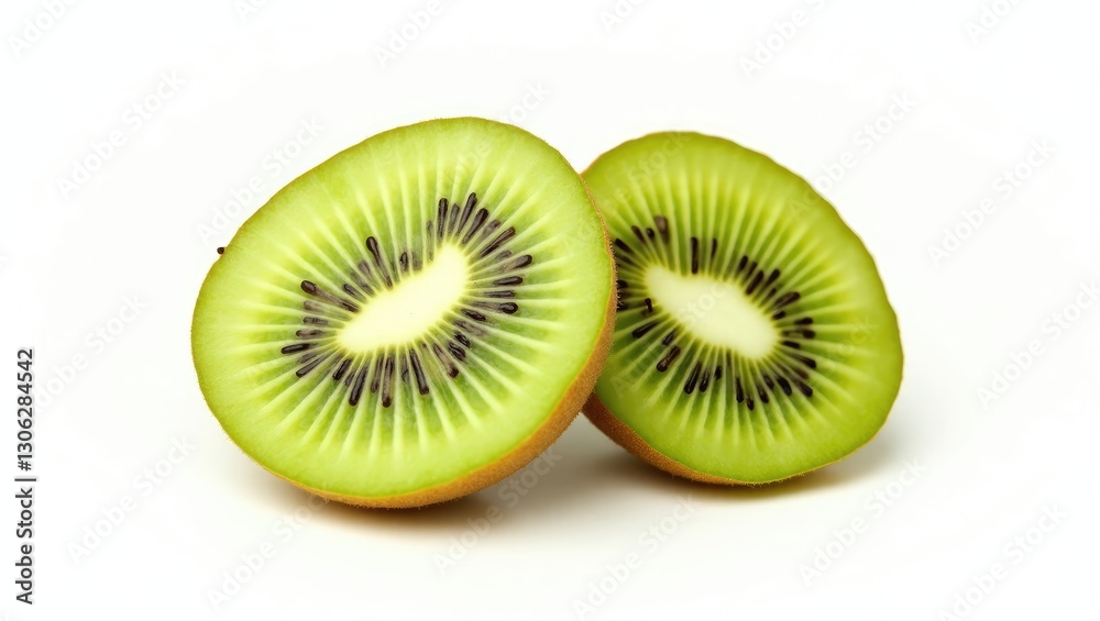 A single kiwi fruit displayed with green leaves and cross-sections against a white background, viewed from above. A single kiwi fruit displayed with green leaves and cross-sections against a white background, viewed from above.
