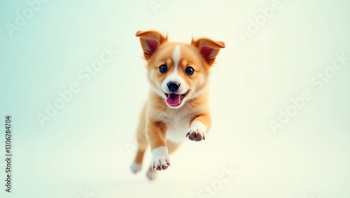 Playful and cheerful puppy jumping against a white backdrop.