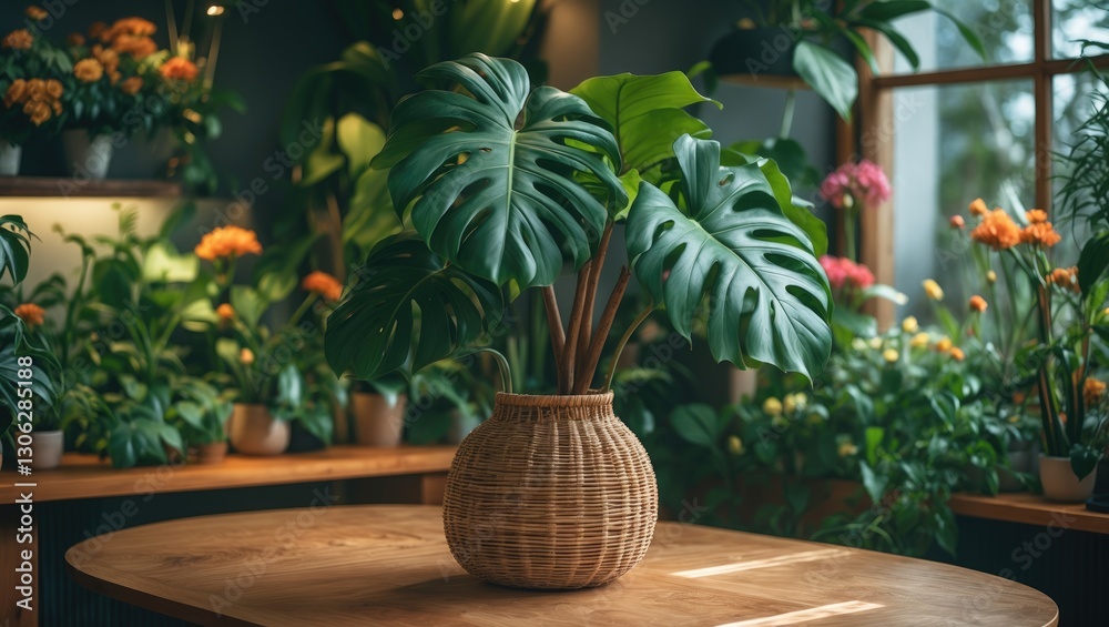 Fototapeta premium Indoor greenery featuring a beautiful monstera plant in a wicker basket on a wooden table, surrounded by vibrant flowers.