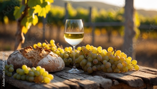 A glass of crisp white wine accompanied by fresh grapes and bread on a vineyard table.