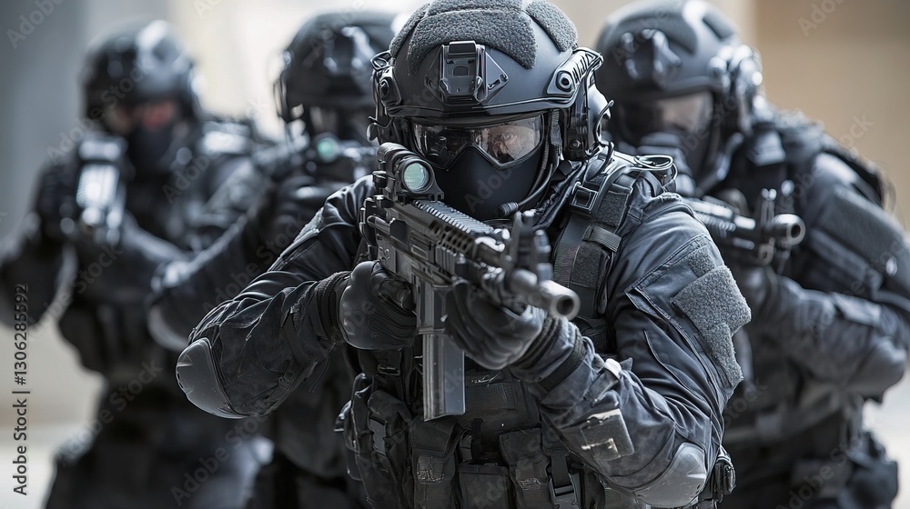 A futuristic special forces unit with exoskeleton suits, high-tech helmets, and energy weapons A futuristic special forces unit with exoskeleton suits, high-tech helmets, and energy weapons