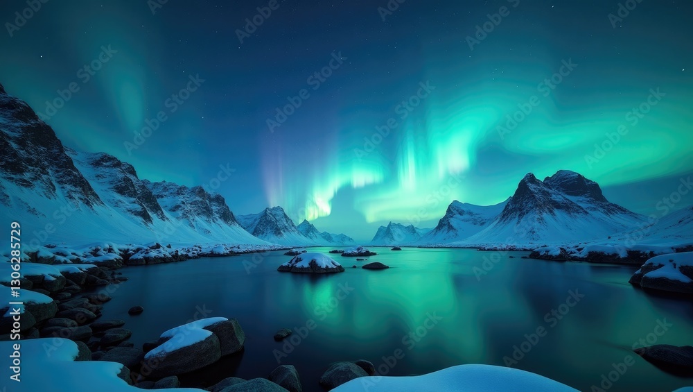 Naklejka premium Aurora borealis illuminating snow-laden peaks in the Lofoten archipelago, Norway. Starry heavens showcase polar lights reflected on the water, creating a serene winter night scene with snowy terrai...