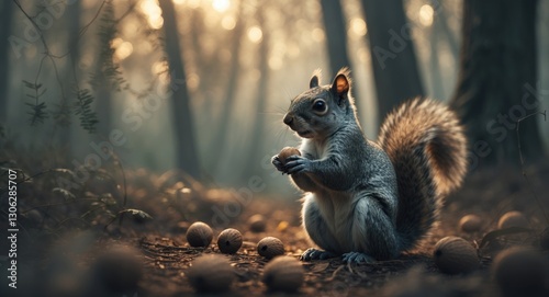 Squirrel munching on nuts in the forest.
