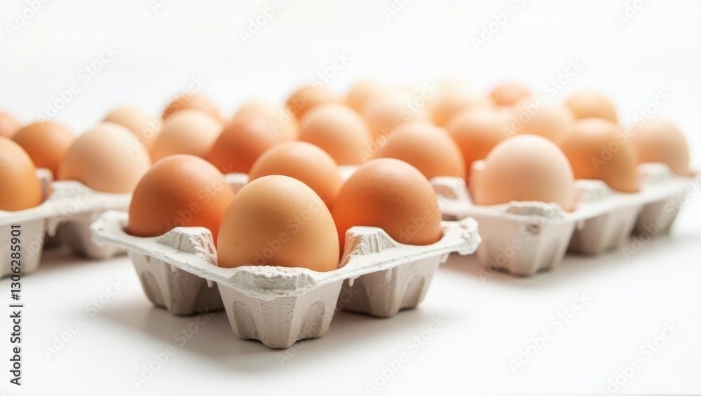A variety of cartons filled with fresh, raw chicken eggs can be observed in the background. A variety of cartons filled with fresh, raw chicken eggs can be observed in the background.