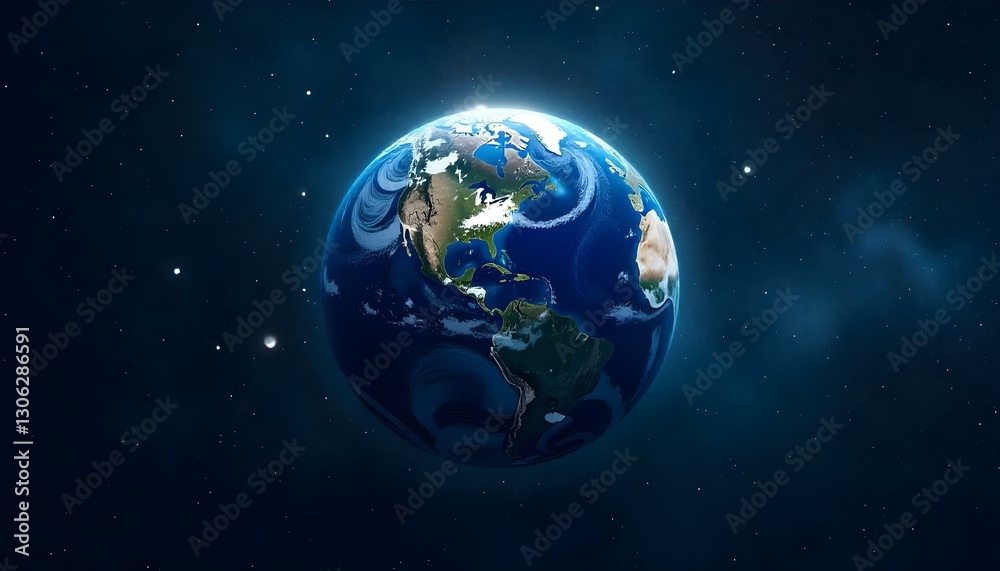 Fototapeta premium Planet Earth in outer space, digital art, a cosmic backdrop filled with countless stars, the Earth is rendered with detailed textures of continents