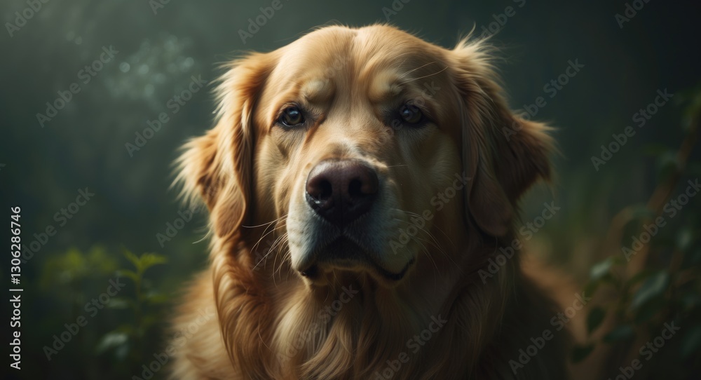 close-up depiction of a male golden retriever