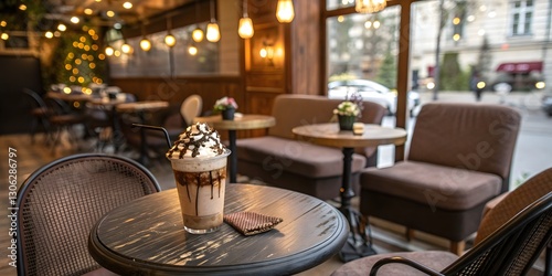 Indulge in a creamy coffee treat at this charming vintage cafe.  Enjoy the cozy atmosphere and delightful dessert!. photo