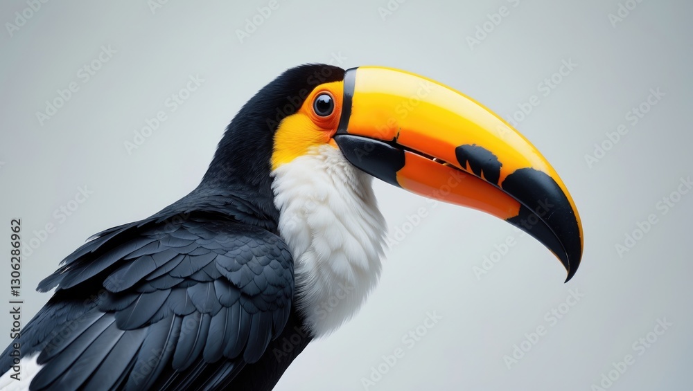 Naklejka premium Toucan on a plain white background, featuring the large black and white bird, Ramphastos toco, with its striking yellow-orange beak.