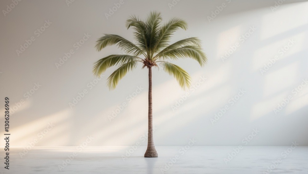 Obraz premium A coconut palm tree stands alone against a plain white backdrop, devoid of any coconuts.