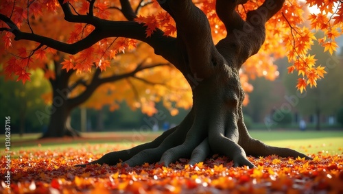 Fragment of a Liriodendron tulipifera tree in a park adorned with vibrant autumn foliage. photo