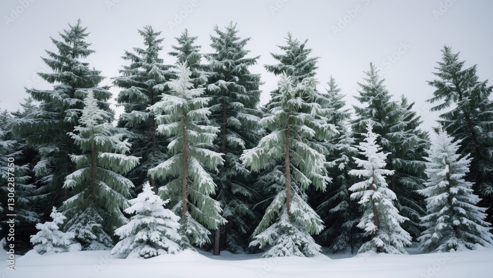 Fototapeta premium cluster of snow-laden spruce trees, isolated against a white backdrop