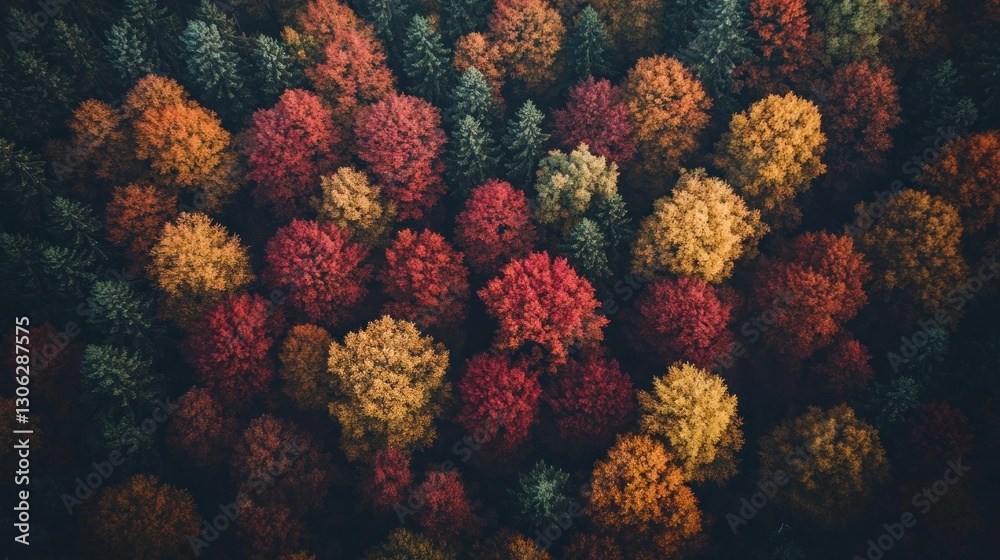 Fototapeta premium Aerial view of colorful autumn forest with red, yellow, and green treetops