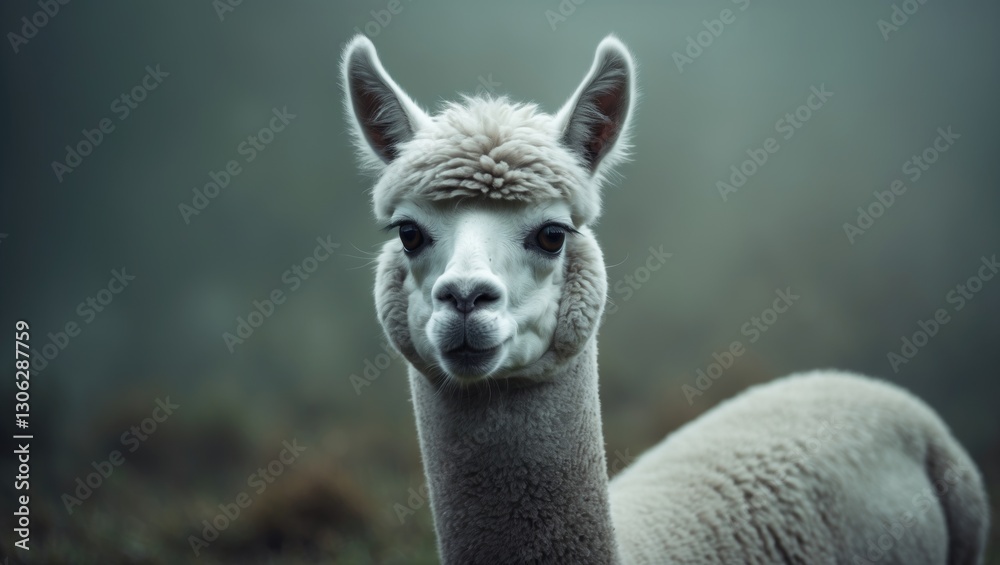 A medium silver gray alpaca, known as Lama pacos, gazes directly at the camera. A medium silver gray alpaca, known as Lama pacos, gazes directly at the camera.
