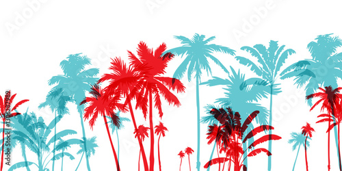 Palm tree silhouettes. Colorful tropical lanscape. Vector horisontal border.