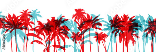 Palm tree silhouettes. Colorful tropical lanscape. Vector horisontal border.