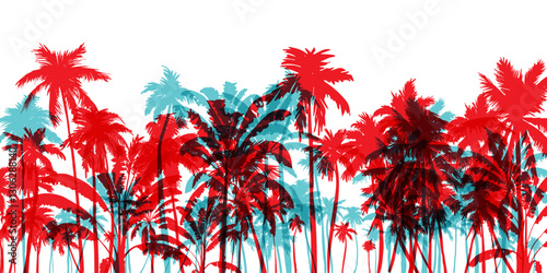 Palm tree silhouettes. Colorful tropical lanscape. Vector horisontal border.