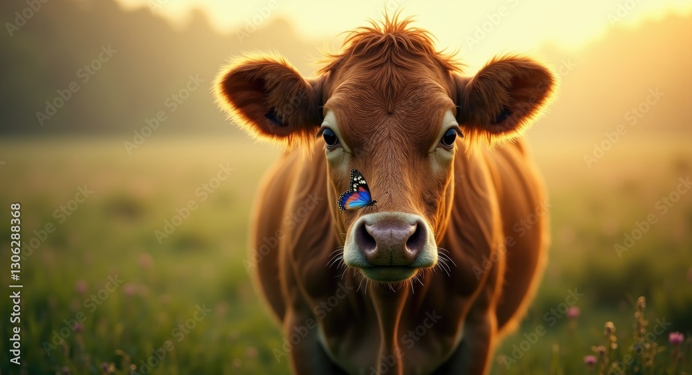 solitary cow adorned with a butterfly on its snout solitary cow adorned with a butterfly on its snout