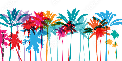 Palm tree silhouettes. Colorful tropical lanscape. Vector horisontal border. photo