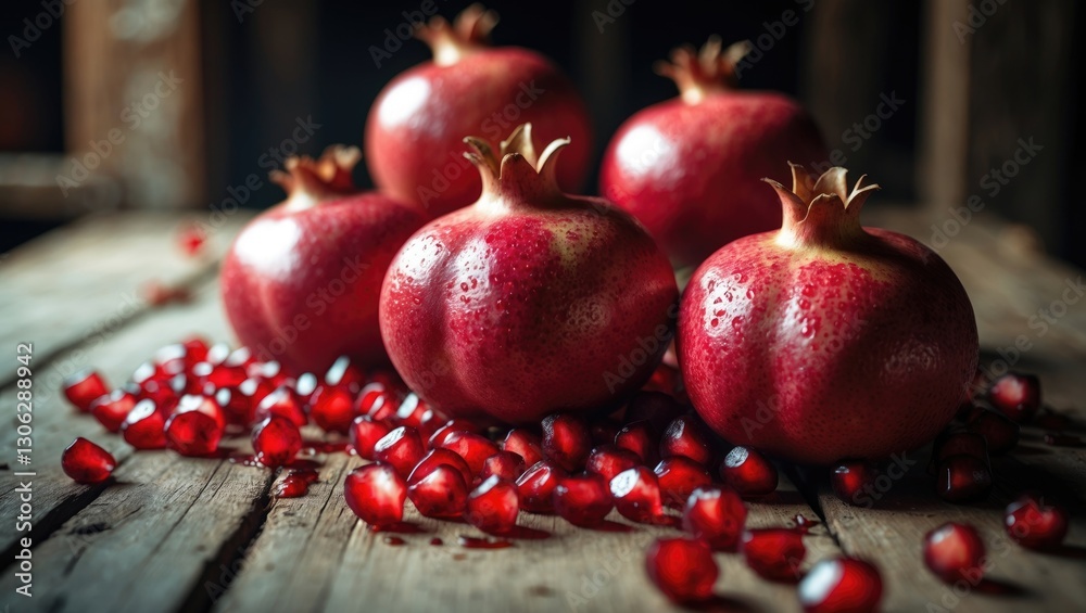 Juicy ripe pomegranates on a table with seeds scattered around Juicy ripe pomegranates on a table with seeds scattered around