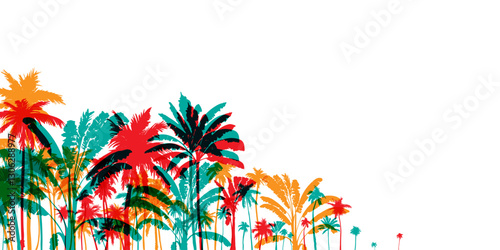 Palm tree silhouettes. Colorful tropical lanscape. Vector horisontal border.