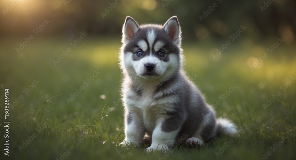 adorable Siberian husky puppy sitting on the lawn adorable Siberian husky puppy sitting on the lawn