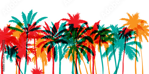 Palm tree silhouettes. Colorful tropical lanscape. Vector horisontal border.