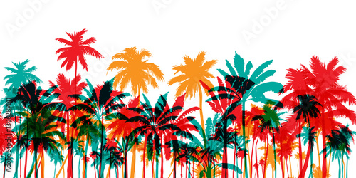 Palm tree silhouettes. Colorful tropical lanscape. Vector horisontal border.