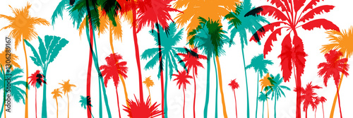 Palm tree silhouettes. Colorful tropical lanscape. Vector horisontal border.