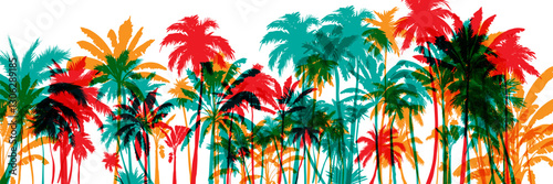 Palm tree silhouettes. Colorful tropical lanscape. Vector horisontal border.