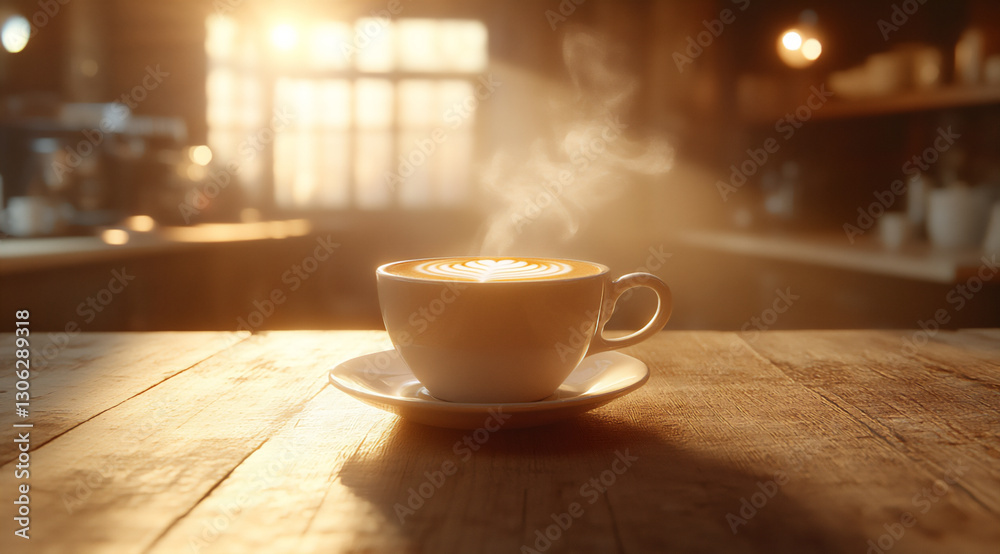 a steaming cup of coffee with latte art on a wooden table in a cafe, a steaming cup of coffee with latte art on a wooden table in a cafe,
