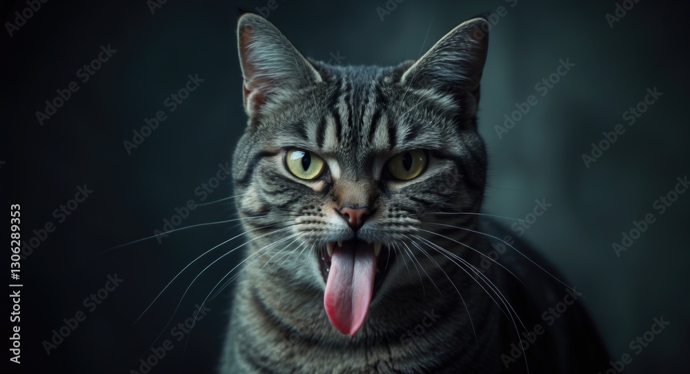 Furious feline close-up. A tabby cat with short fur and bright yellow eyes faces the camera while sticking out its tongue. Furious feline close-up. A tabby cat with short fur and bright yellow eyes faces the camera while sticking out its tongue.