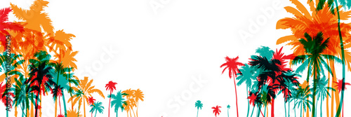 Palm tree silhouettes. Colorful tropical lanscape. Vector horisontal border.