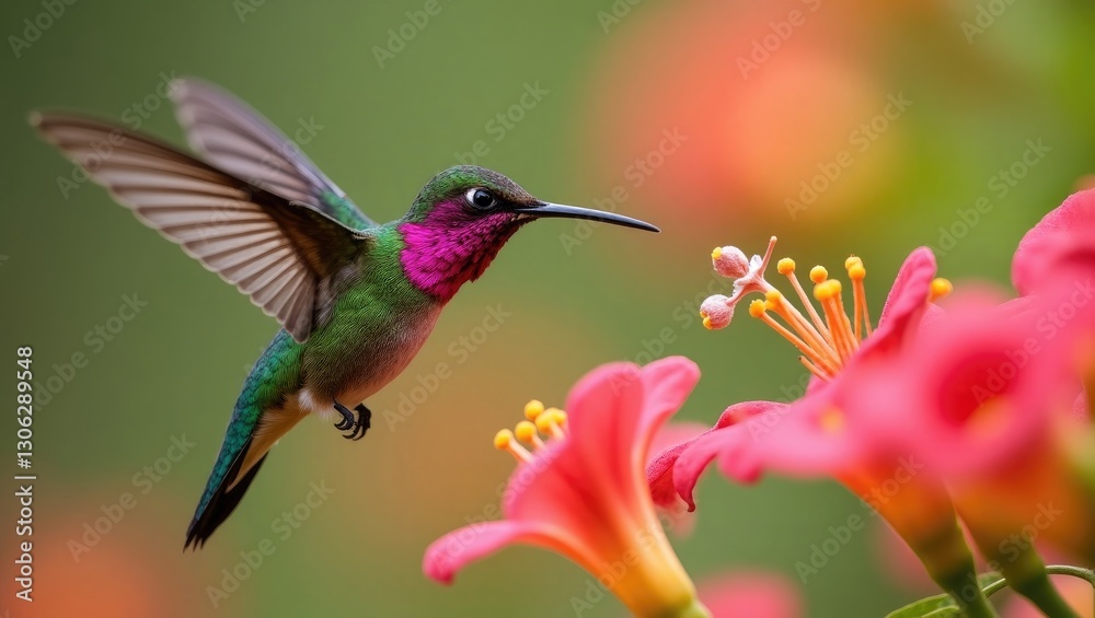 Obraz premium Male Anna's Hummingbird hovering near blossoms