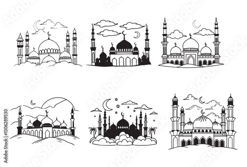 Graceful Mosque Silhouettes Pack,Minimalist Mosque Silhouettes: 6 Variations in Vector Format.