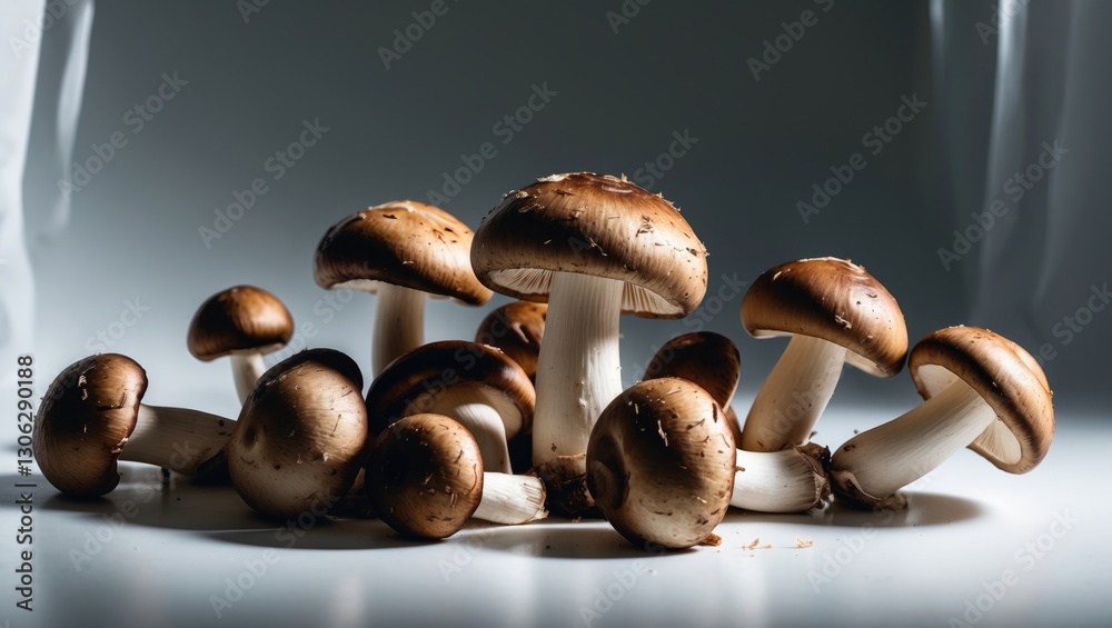 Sliced and roasted champignon mushrooms on a light background, viewed from below. Sliced and roasted champignon mushrooms on a light background, viewed from below.