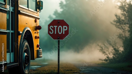 Stationary yellow school bus highlighting the folded stop sign