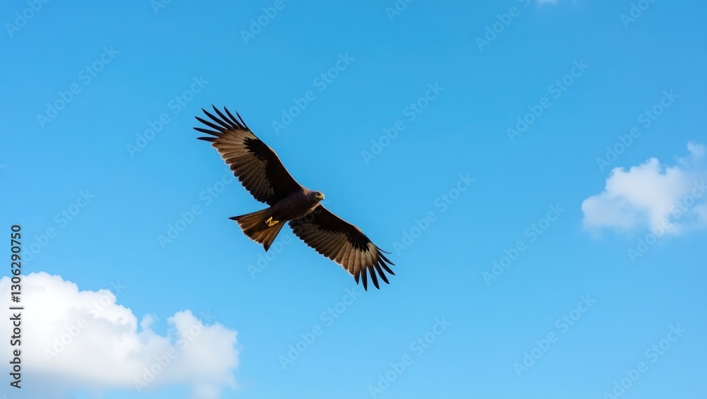 black kite (milvus migrans) soaring in the sky with spread wings against a blue backdrop black kite (milvus migrans) soaring in the sky with spread wings against a blue backdrop