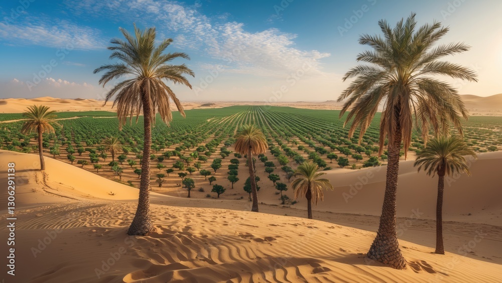 Scenic view of the arid Middle Eastern landscape featuring agricultural date palm fields dedicated to organic, non-GMO food production. Scenic view of the arid Middle Eastern landscape featuring agricultural date palm fields dedicated to organic, non-GMO food production.