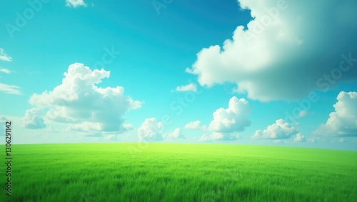 lush green field under a bright blue sky with few clouds