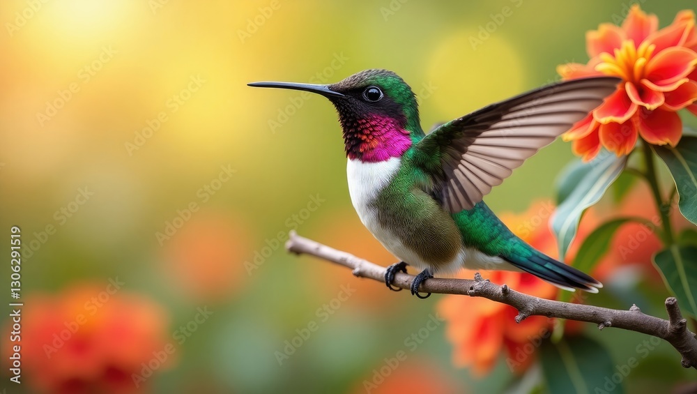 Fototapeta premium Male Anna's hummingbird perched in a colorful garden.