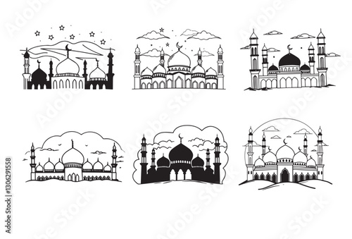 Graceful Mosque Silhouettes Pack,Minimalist Mosque Silhouettes: 6 Variations in Vector Format.