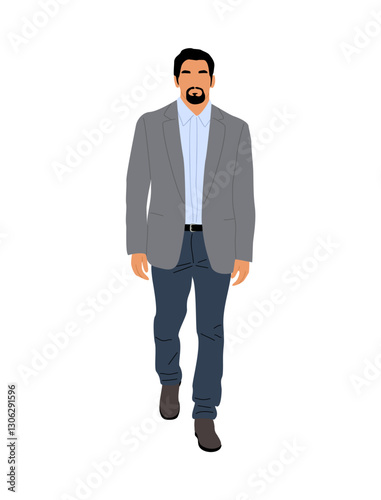 Business man walking, standing front view. Bearded handsome man in smart casual office outfit, jeans and jacket. Cartoon male character. Vector realistic illustration isolated 