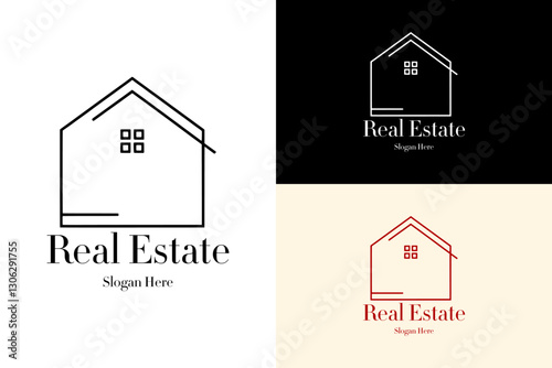 thin lines house with windows, vector, minimal, logo for real estate, rental house, rental property, property dealers, property firm, construction, builders, apartment, home, landlord