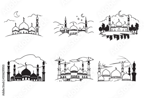 Graceful Mosque Silhouettes Pack,Minimalist Mosque Silhouettes: 6 Variations in Vector Format.