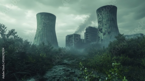 Abandoned Nuclear Power Plant Surrounded by Overgrown Vegetation