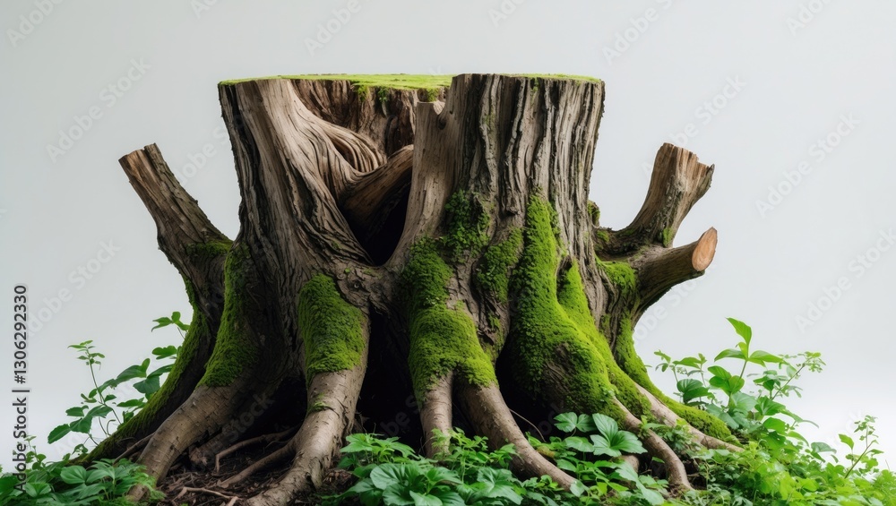 Fototapeta premium Eliminate the tree stump. Moss-covered tree roots. An ancient tree stump surrounded by vibrant greenery. Standalone dead tree set against a white backdrop. High-quality clipping mask.