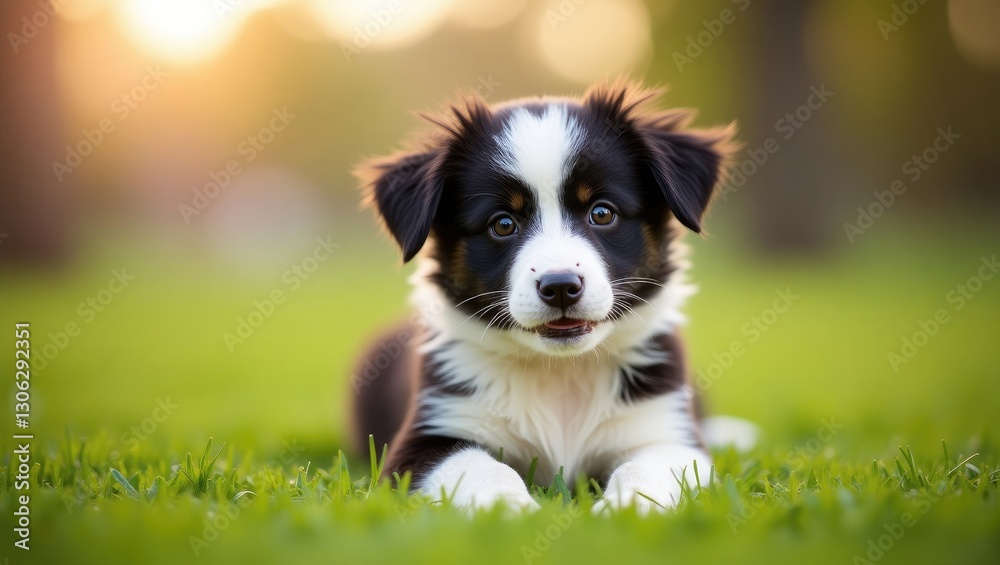 Border Collie puppy lounging on lush green grass in a city park, gazing at the camera. Border Collie puppy lounging on lush green grass in a city park, gazing at the camera.