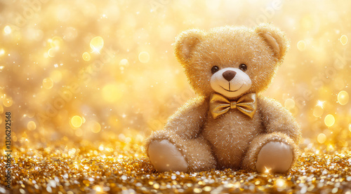 a teddy bear with golden fur and a bow sitting on an array of gold confett photo