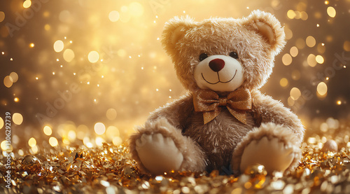a teddy bear with golden fur and a bow sitting on an array of gold confett