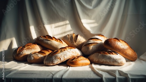 A creative display of various breads arranged on a white surface. Flat lay. Food concept.